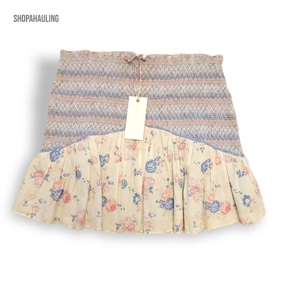 LoveShackFancy Floral Mini Skirt in Cream and Blue - Picture 15 of 15